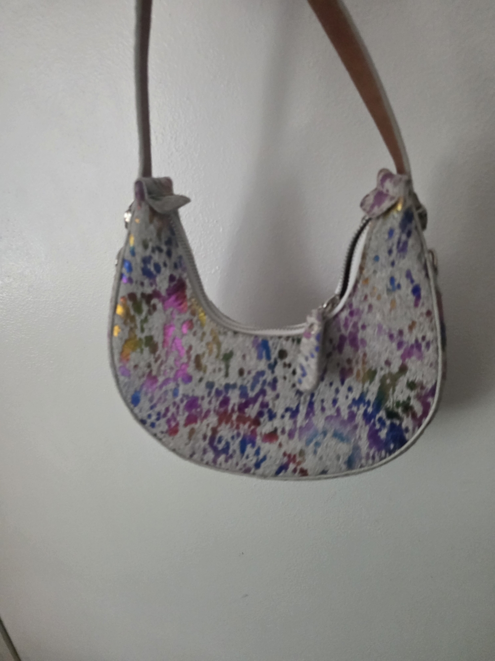 White Multicolor Splatter Crescent Shoulder Bag with Tan Strap